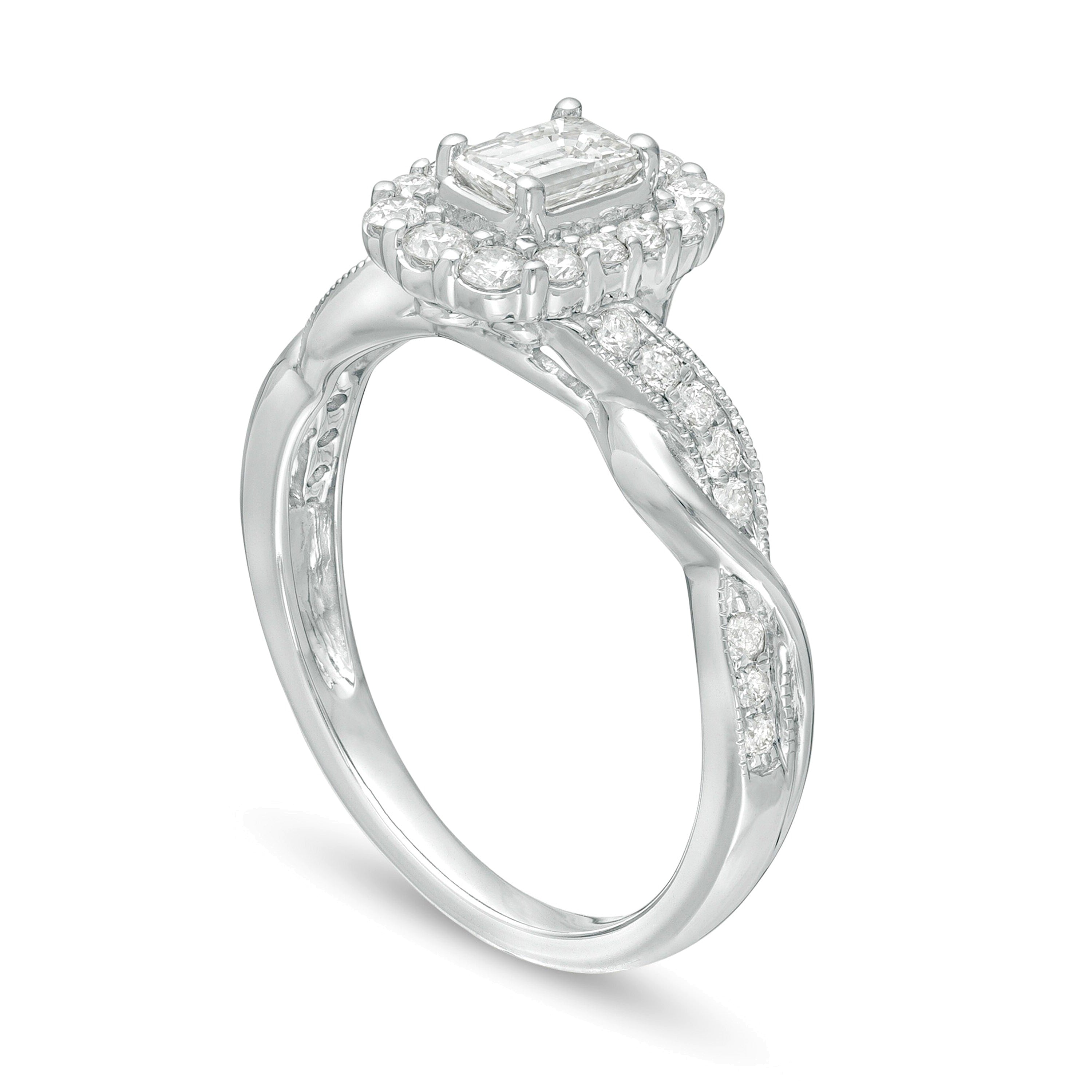Verlobungsring im Vintage-Stil mit Diamanten im Smaragdschliff 0.75 ct. Gesamtgewicht, Halo, in 10K Weißgold