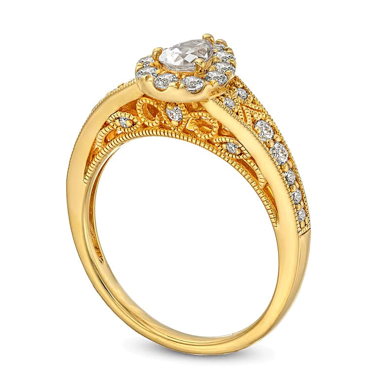 0.75 ct. Gesamtgewicht Verlobungsring im Vintage-Stil mit tropfenförmigem Diamant und Halo aus 14K Gelbgold
