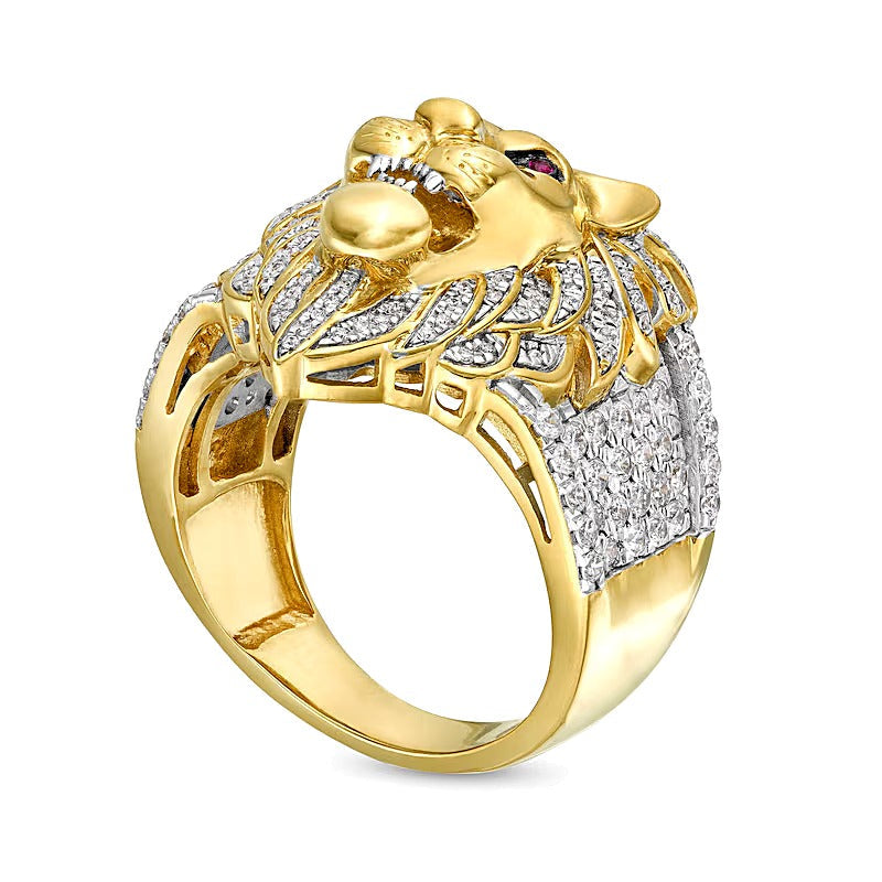 Löwen-Ring mit Diamant und Labor-Rubin 1.0 CT. Gesamtgewicht in 10K Gelbgold