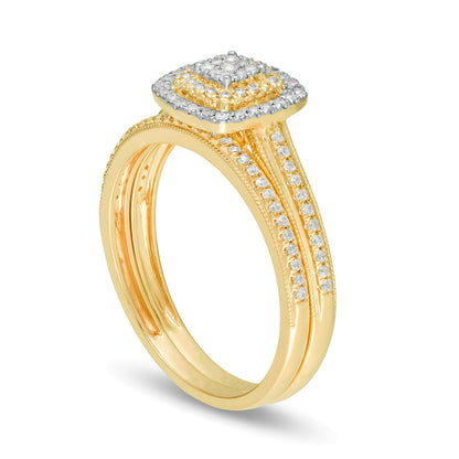 Brautset mit Diamanten im Komposit-Design, rund und im Kissenschliff, 0,33 ct. Gesamtgewicht, in 10K Gelbgold