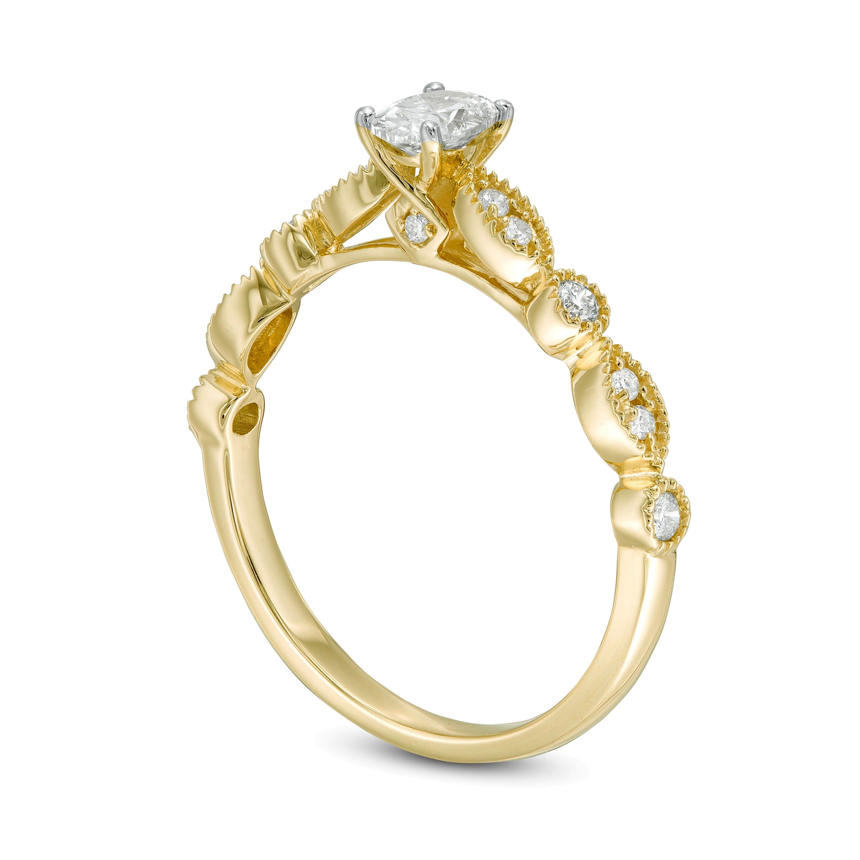 Verlobungsring im Vintage-Stil mit Diamanten in Oval, rund und Marquise, 0.5 ct. Gesamtgewicht, in 10K Gelbgold