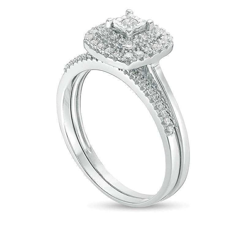 Brautset mit Diamanten im Rund- und Kissenschliff, 0.25 ct. Gesamtgewicht, doppelter Kissen-Rahmen, in 10K Weißgold