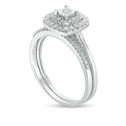 Brautset mit Diamanten im Rund- und Kissenschliff, 0.25 ct. Gesamtgewicht, doppelter Kissen-Rahmen, in 10K Weißgold