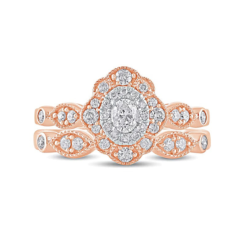 0,63 ct. Gesamtgewicht Diamant-Brautset im Vintage-Stil mit ovalem Rahmen aus doppelten Blütenblättern in 10K Roségold
