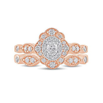 0,63 ct. Gesamtgewicht Diamant-Brautset im Vintage-Stil mit ovalem Rahmen aus doppelten Blütenblättern in 10K Roségold
