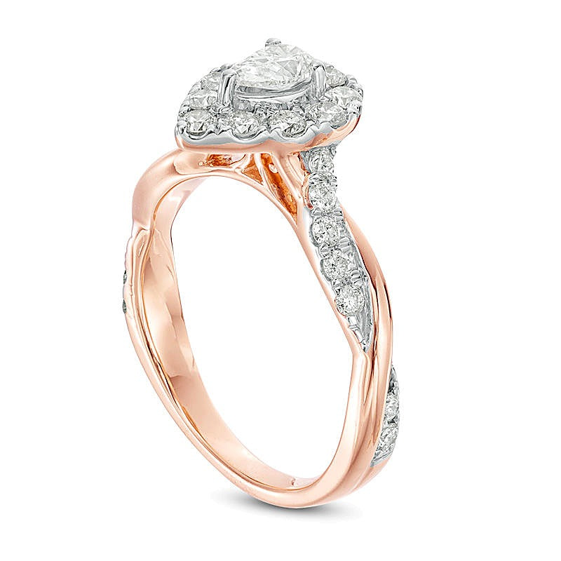0,88 ct. Gesamtgewicht Verlobungsring mit tropfenförmigem Diamant und gedrehter Ringschiene im Halo in 10K Roségold