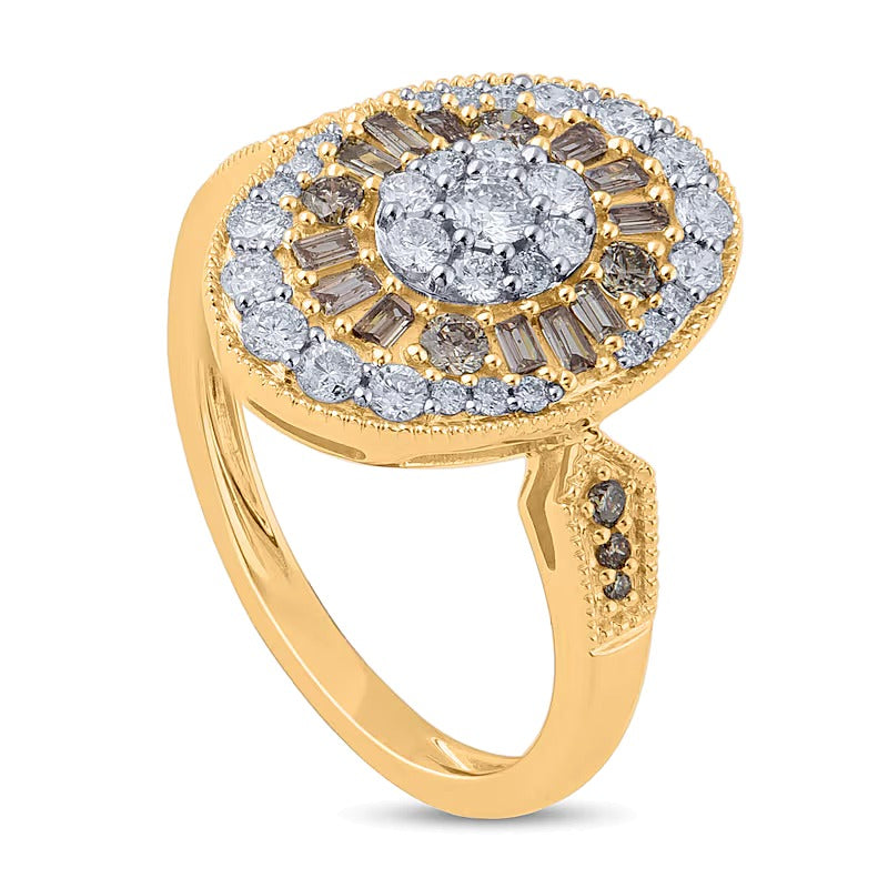 1.0 ct. Gesamtgewicht Multi-Diamant-Ring in Champagner und Weiß, oval, im Vintage-Stil aus 10K Gelbgold