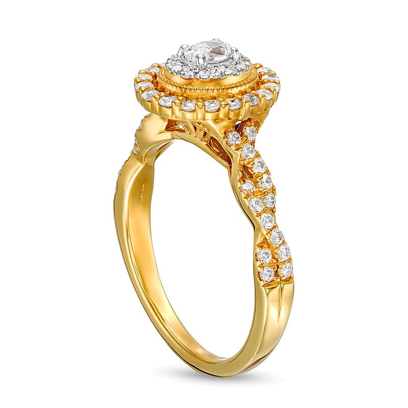0.63 ct. Gesamtgewicht Verlobungsring mit ovalen Diamanten im Vintage-Stil, Halo-Fassung und gedrehter Ringschiene in 10K Gelbgold