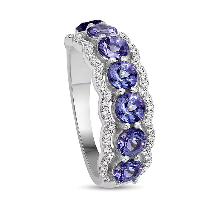 4,0mm Tansanit und weißer synthetischer Zirkon Sieben-Stein-Ring mit Wellenrand aus rhodiniertem Sterlingsilber