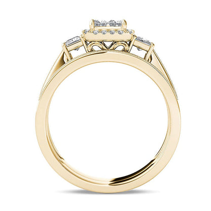 1.0 CT. TW Braut-Set mit Diamanten im Princess- und Rundschliff im Vintage-Stil in 14K Gelbgold