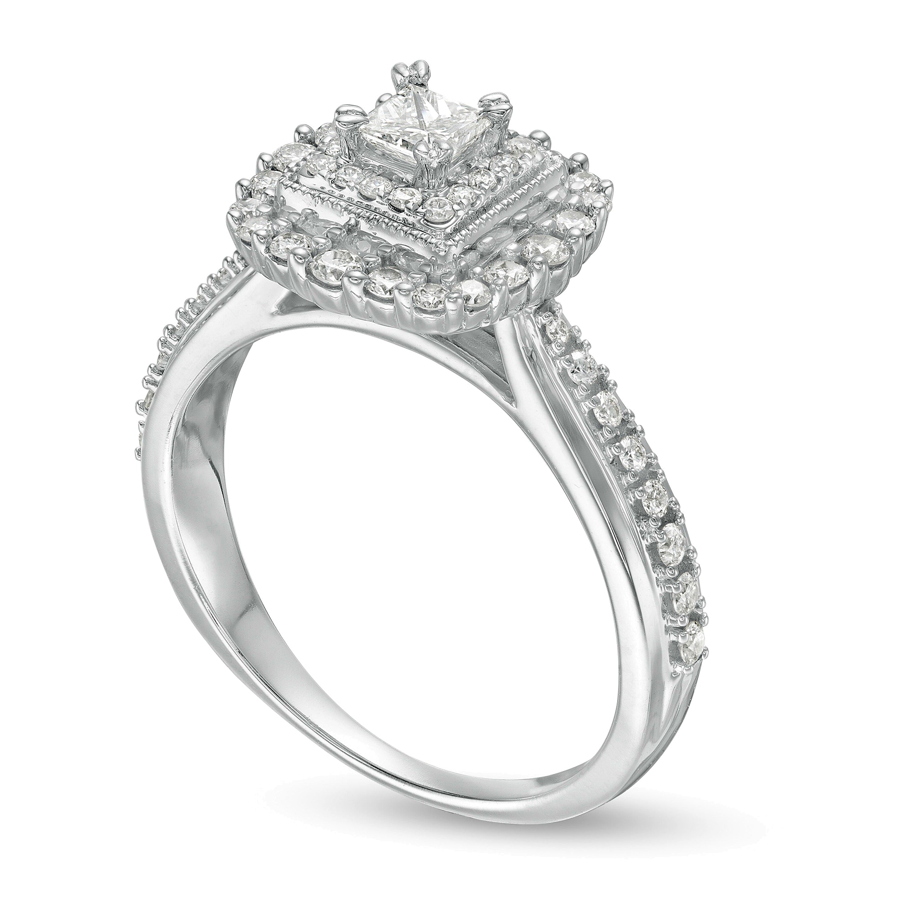 0.63 ct. Gesamtgewicht Verlobungsring im Vintage-Stil mit Diamanten im Princess-Schliff und Halo aus 10K Weißgold