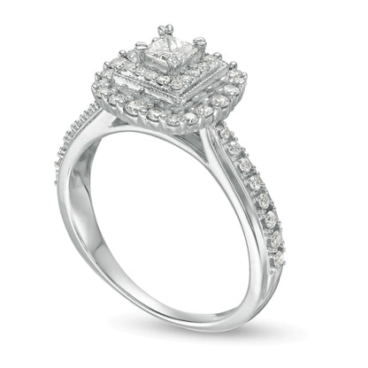 0.63 ct. Gesamtgewicht Verlobungsring im Vintage-Stil mit Diamanten im Princess-Schliff und Halo aus 10K Weißgold