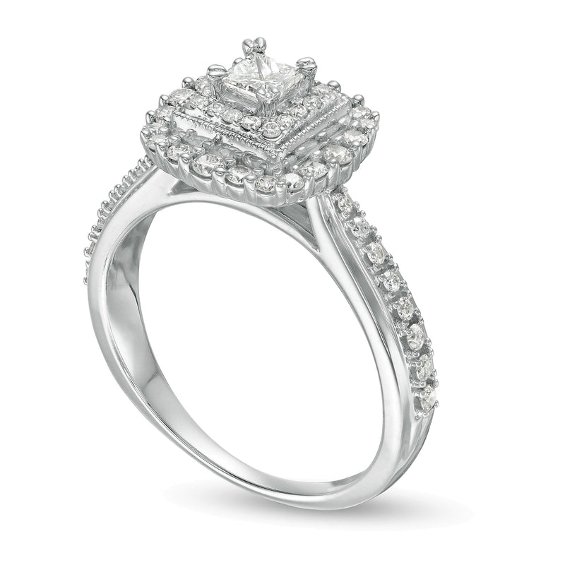 0.63 ct. Gesamtgewicht Verlobungsring im Vintage-Stil mit Diamanten im Princess-Schliff und Halo aus 10K Weißgold