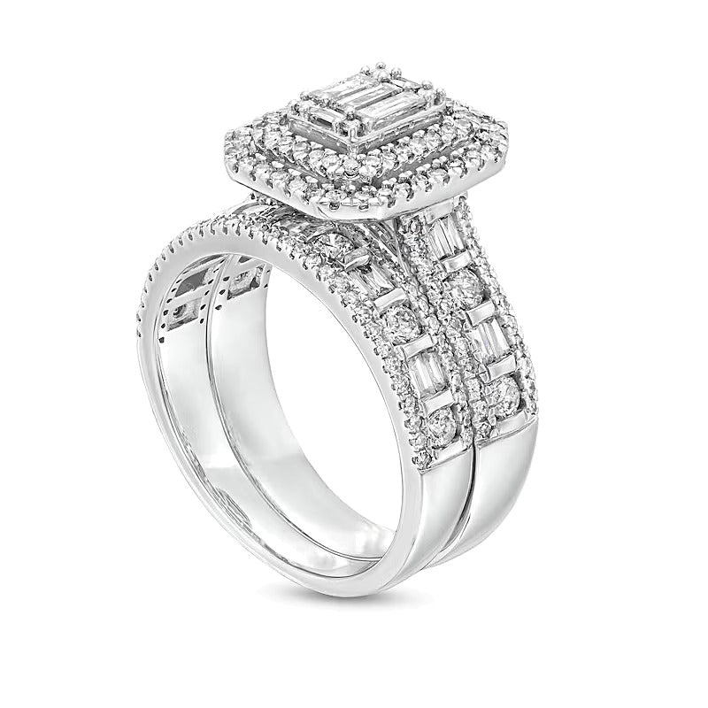 Braut-Set mit weißen Diamanten im Baguette-, Smaragdschliff- und Rundschliff, 1.5 ct. Gesamtgewicht, in 14K Weißgold