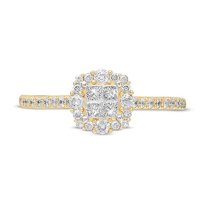 0.38 ct. Gesamtgewicht Verlobungsring mit Diamanten im Princess- und Rundschliff, Halo, in 10K Gelbgold