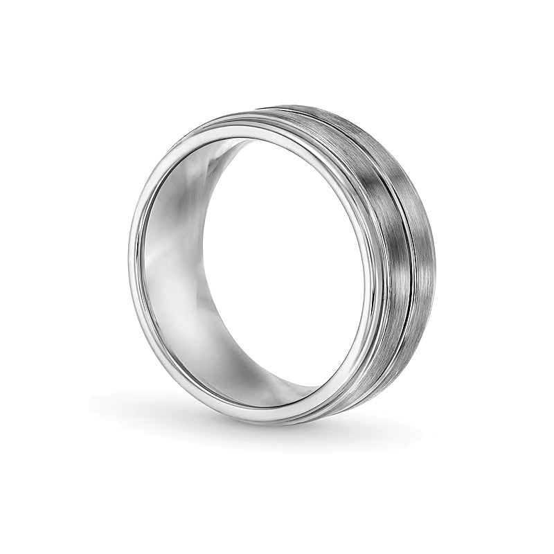 9,0 mm Ehering mit gerillter, gestufter Kante in weißem Tungsten für Damen