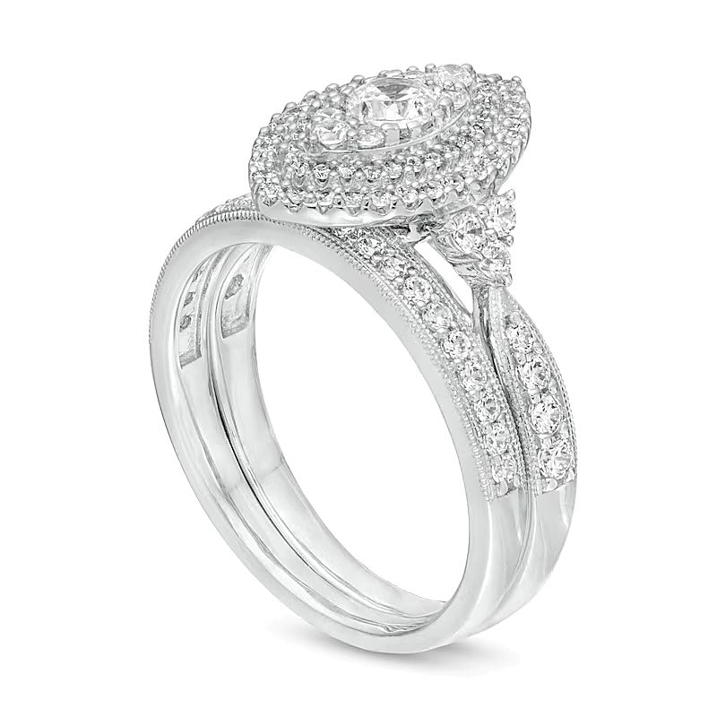 1.0 ct. Gesamtgewicht Diamant Brautset mit doppeltem Marquise-Rahmen im Vintage-Stil in 10K Weißgold