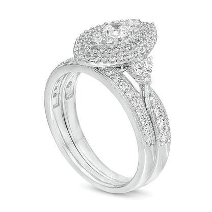 1.0 ct. Gesamtgewicht Diamant Brautset mit doppeltem Marquise-Rahmen im Vintage-Stil in 10K Weißgold