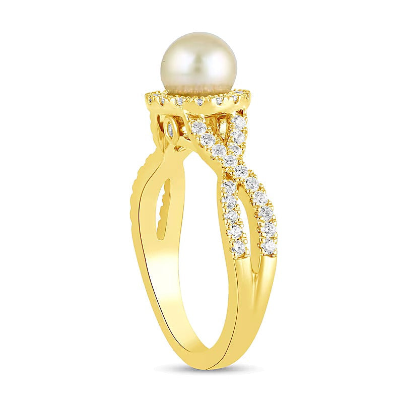 6,0mm rosa Süßwasser-Zuchtperle und 0,5 ct. Gesamtgewicht Labordiamant Ring mit Crossover-Schiene in 14K Gelbgold