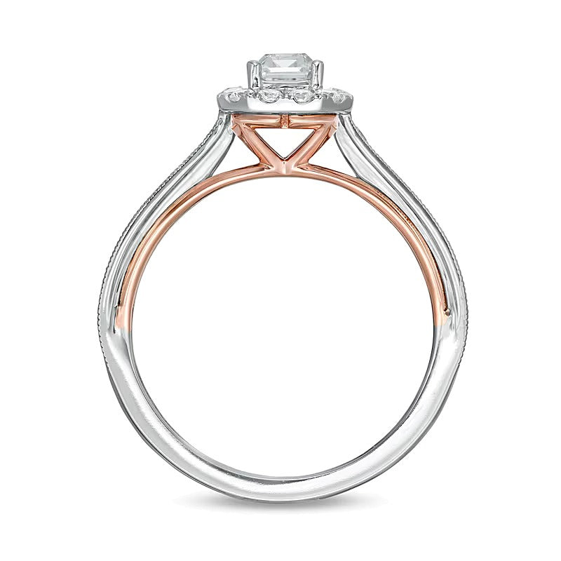 Halo-Verlobungsring mit weißen Diamanten im Smaragd- und Rundschliff, 1.0 ct. Gesamtgewicht, 14K Bicolor-Gold