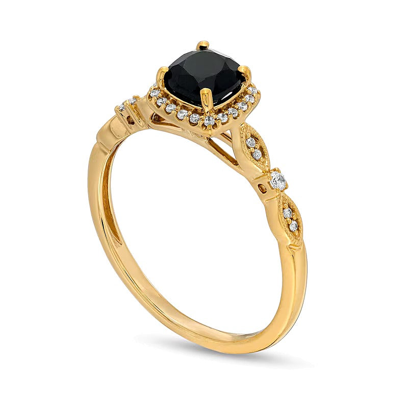 Verlobungsring im Art-déco-Vintage-Stil mit schwarzem Saphir im Kissenschliff 5,0 mm und Diamanten 0,1 ct. Gesamtgewicht als Halo in 10K Gelbgold
