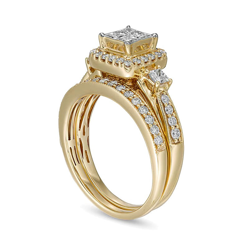 Braut-Set mit Diamanten im Princess-, Rund- und Kissenschliff 1.0 ct. Gesamtgewicht in 10K Gelbgold