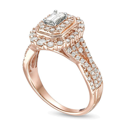 1.0 CT. TW Halo-Verlobungsring im Vintage-Stil mit Diamant im Smaragdschliff und doppeltem achteckigem Rahmen sowie geteilter Schiene aus 14K Roségold
