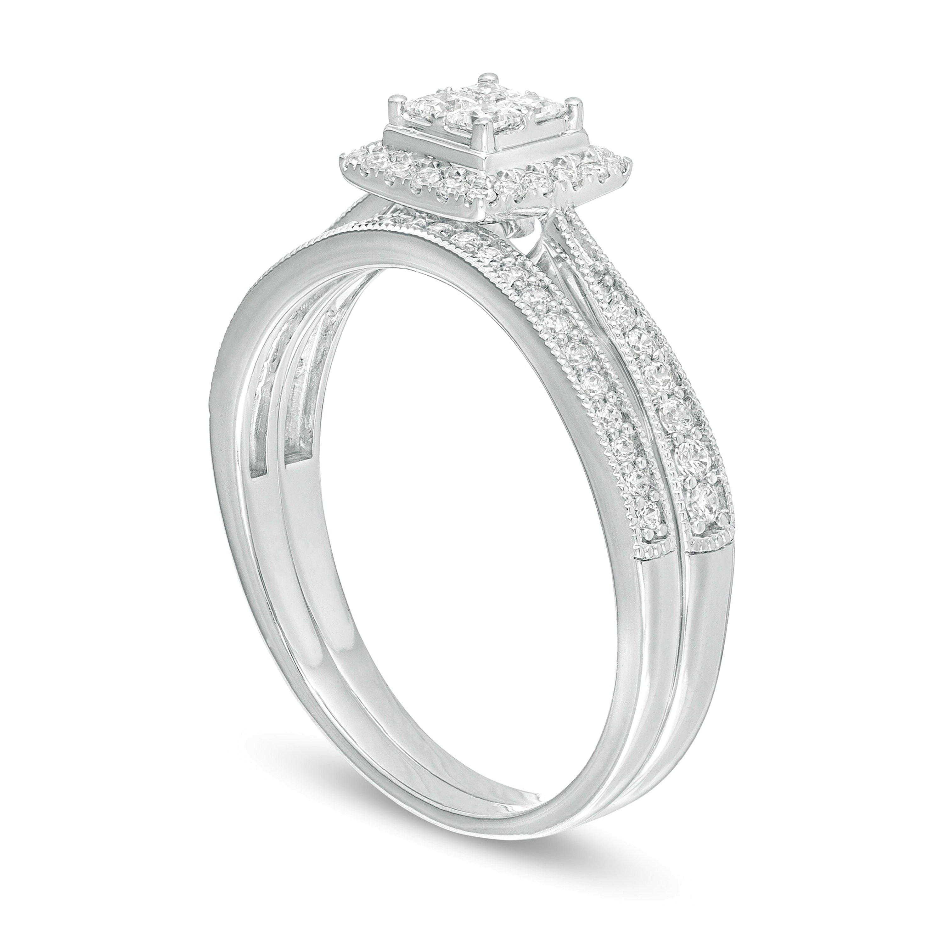 0.38 ct. Gesamtgewicht Brautset im Vintage-Stil mit Diamanten im Princess- und Rundschliff in 10K Weißgold