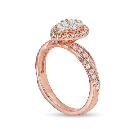 1.0 ct. Gesamtgewicht Komposit-Verlobungsring mit Diamanten im Tropfen- und Rundschliff und gedrehter Ringschiene in 14K Roségold