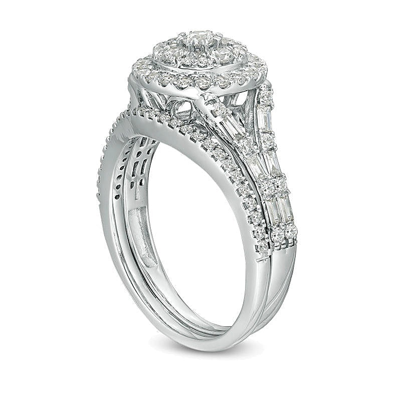 Braut-Set mit weißen Diamanten im Rund- und Baguetteschliff, 1.0 ct. Gesamtgewicht, in 10K Weißgold