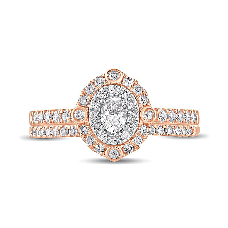 0,63 ct. Gesamtgewicht Braut-Set mit ovalem Diamant und doppeltem Rahmen in 10K Roségold