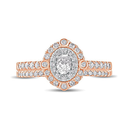 0,63 ct. Gesamtgewicht Braut-Set mit ovalem Diamant und doppeltem Rahmen in 10K Roségold
