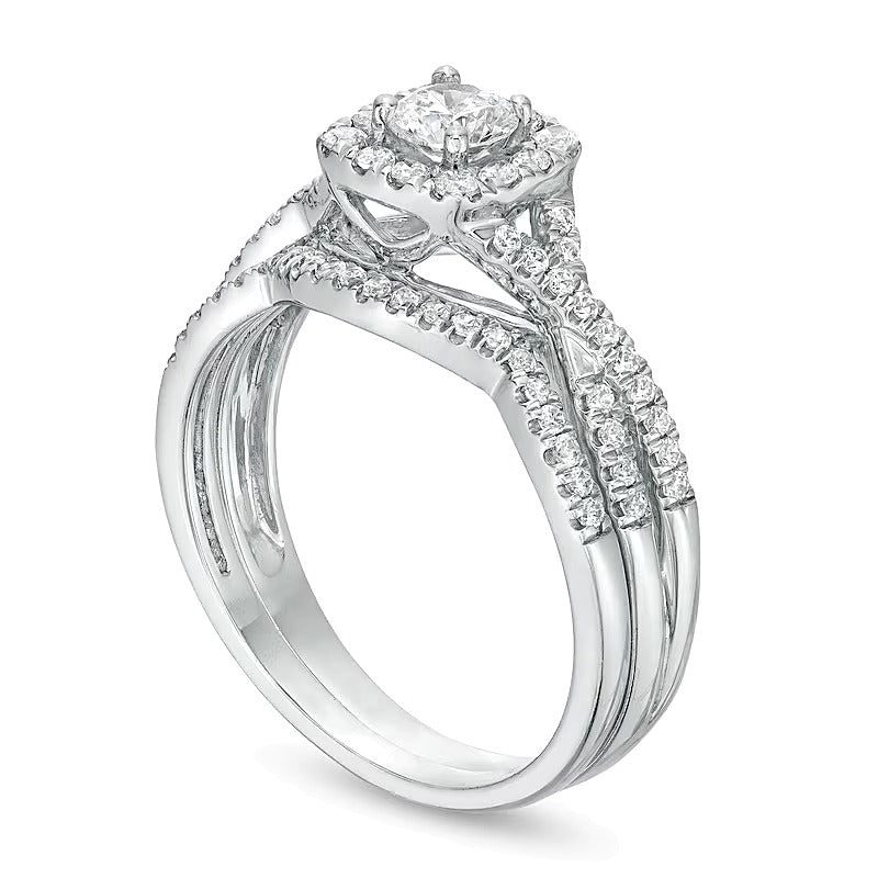 0.75 ct. Gesamtgewicht Diamant-Brautset mit Kissenschliff-Rahmen und gedrehter Ringschiene in 14K Weißgold (I/I2)