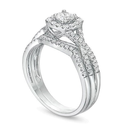 0.75 ct. Gesamtgewicht Diamant-Brautset mit Kissenschliff-Rahmen und gedrehter Ringschiene in 14K Weißgold (I/I2)