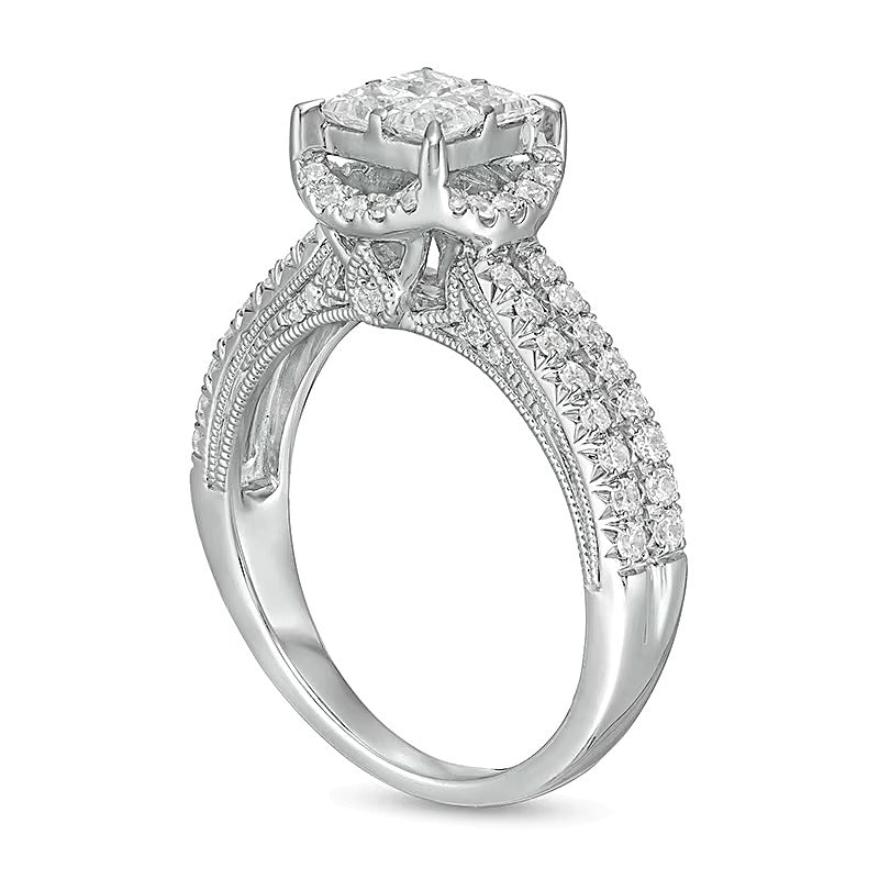 1.0 ct. Gesamtgewicht Verlobungsring im Vintage-Stil mit Diamanten im Princess- und Rundschliff in 14K Weißgold