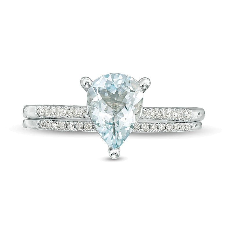 Braut-Set mit tropfenförmigem Aquamarin und Diamant 0,13 ct. Gesamtgewicht in 10K Weißgold