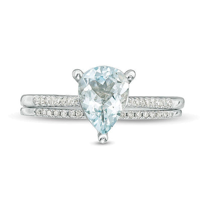 Braut-Set mit tropfenförmigem Aquamarin und Diamant 0,13 ct. Gesamtgewicht in 10K Weißgold