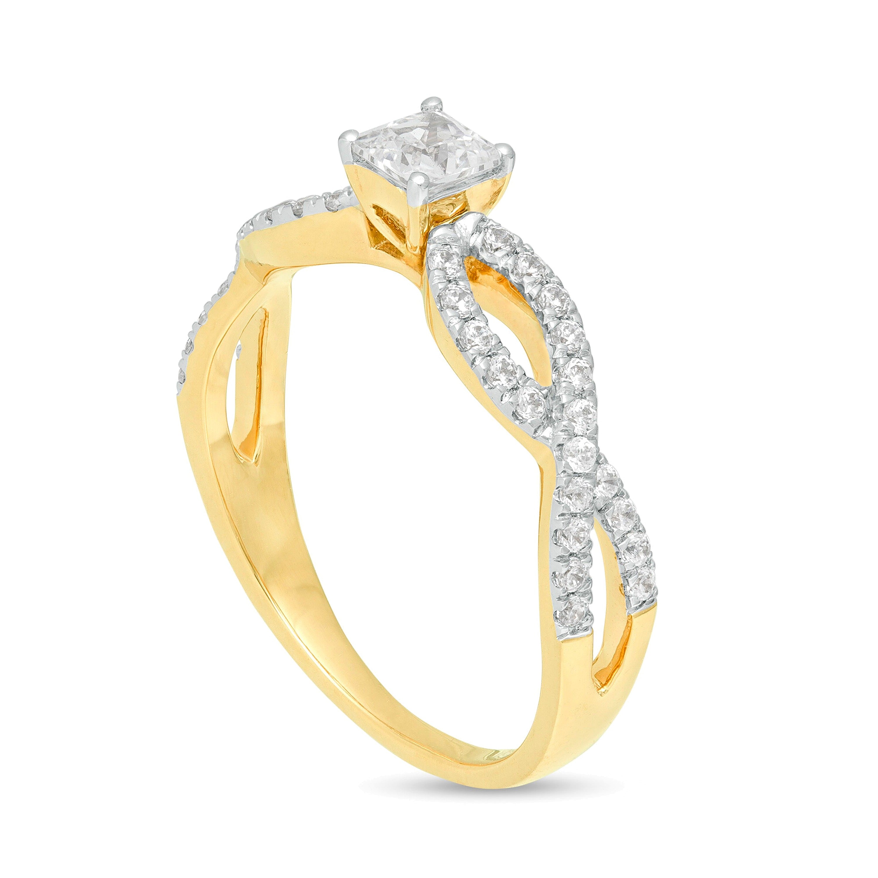 0.5 ct. Gesamtgewicht Verlobungsring Solitär mit seitlichem Besatz mit Diamanten im Princess- und Rundschliff in 10K Gelbgold