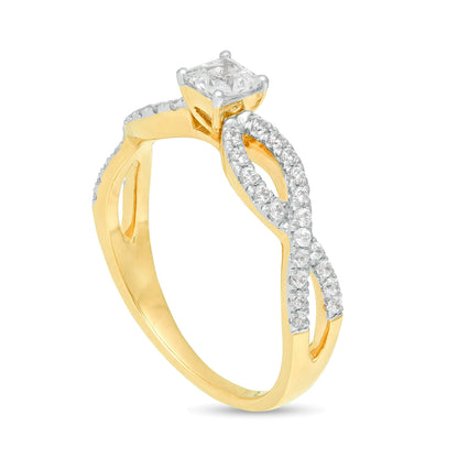 0.5 ct. Gesamtgewicht Verlobungsring Solitär mit seitlichem Besatz mit Diamanten im Princess- und Rundschliff in 10K Gelbgold
