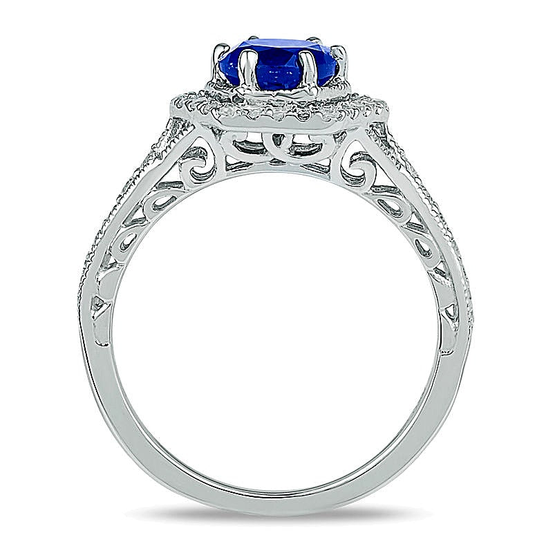 7,0 mm im Labor gezüchteter blauer Saphir und 0,38 ct. Gesamtgewicht Diamant Braut-Set in 10K Weißgold