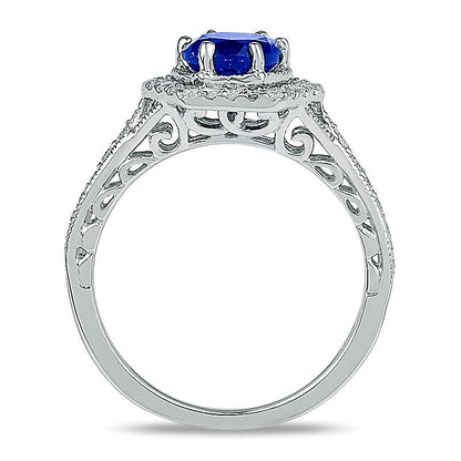 7,0 mm im Labor gezüchteter blauer Saphir und 0,38 ct. Gesamtgewicht Diamant Braut-Set in 10K Weißgold