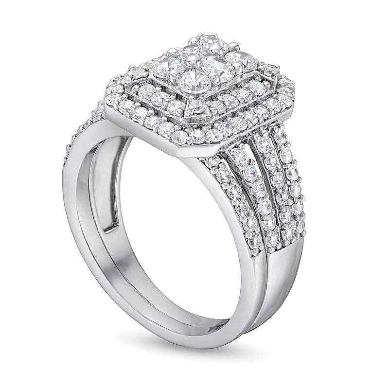 Braut-Set mit 1,25 ct. Gesamtgewicht Smaragd und mehreren Diamanten im Art-déco-Stil mit geteiltem Ringschienen-Design in 10K Weißgold
