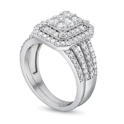 Braut-Set mit 1,25 ct. Gesamtgewicht Smaragd und mehreren Diamanten im Art-déco-Stil mit geteiltem Ringschienen-Design in 10K Weißgold