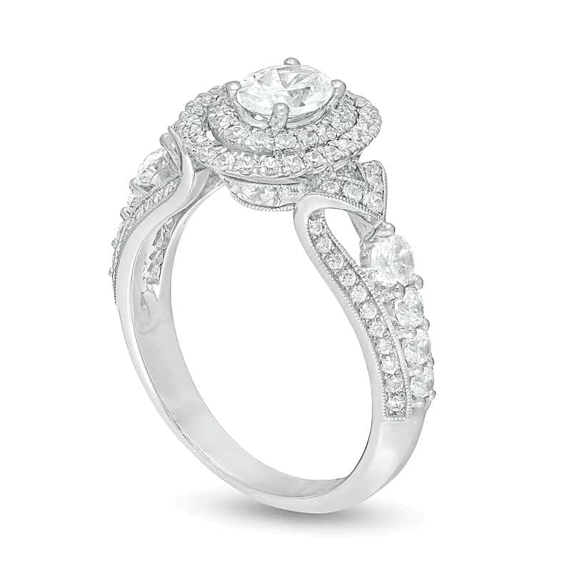 Halo Verlobungsring mit ovalem und rundem Diamant in 14K Weißgold, 1.63 ct. Gesamtgewicht