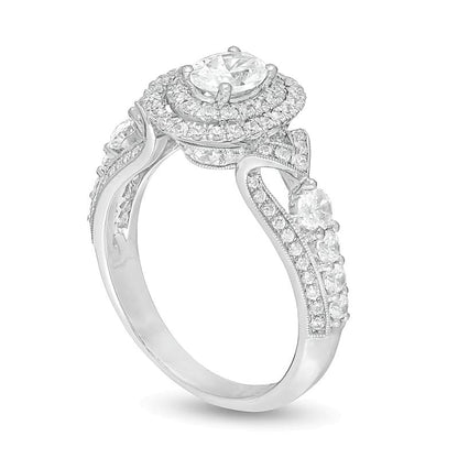 Halo Verlobungsring mit ovalem und rundem Diamant in 14K Weißgold, 1.63 ct. Gesamtgewicht