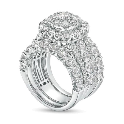5.0 ct. Gesamtgewicht Diamant-Brautset dreiteilig mehrreihig mit Kissenschliff-Rahmen in 14K Weißgold (I/I2)
