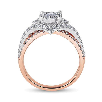 Verlobungsring mit Halo, 1.0 ct. Gesamtgewicht weißen runden Diamanten, geteilte Schiene, 14K Bicolor-Gold