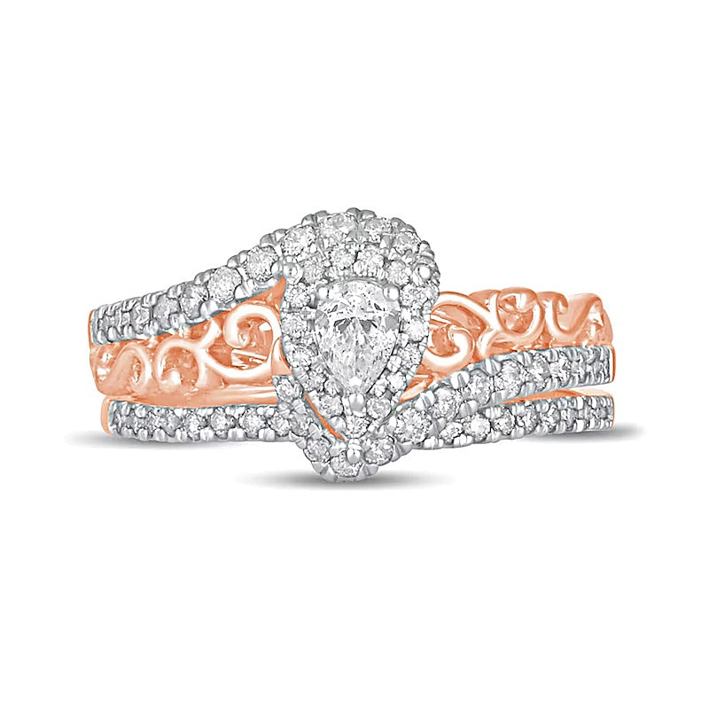 0.63 ct. Gesamtgewicht Braut-Set mit tropfenförmigen und runden weißen Diamanten in 10K Roségold