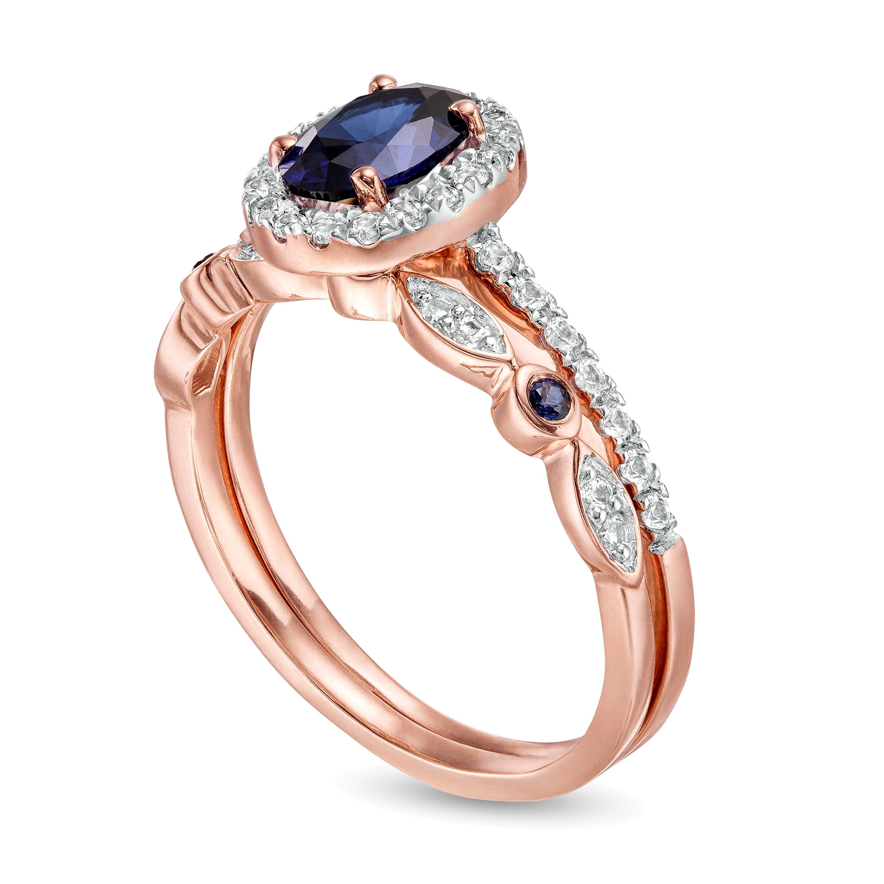 Braut-Set mit ovalem blauem und rundem weißem Labor-Saphir Art Déco in 10K Roségold
