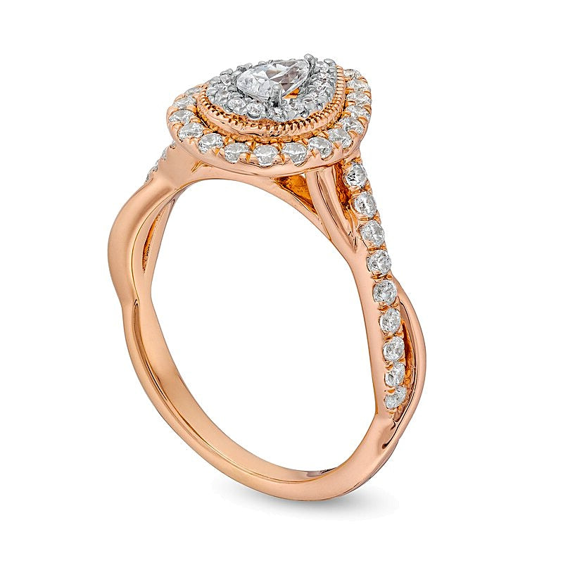 0.75 ct. Gesamtgewicht Halo-Verlobungsring mit tropfenförmigem und rundem weißem Diamant in 10K Roségold